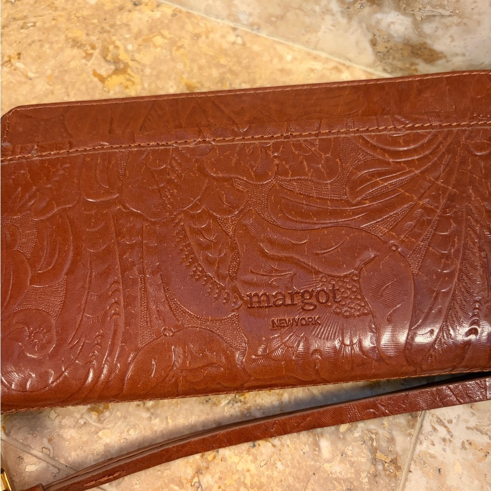 Margot New York Embossed Brown Leather Wristlet
